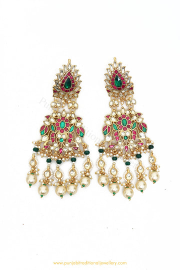 Gold Finished Rubby Emerald Kundan Earrings by PTJ